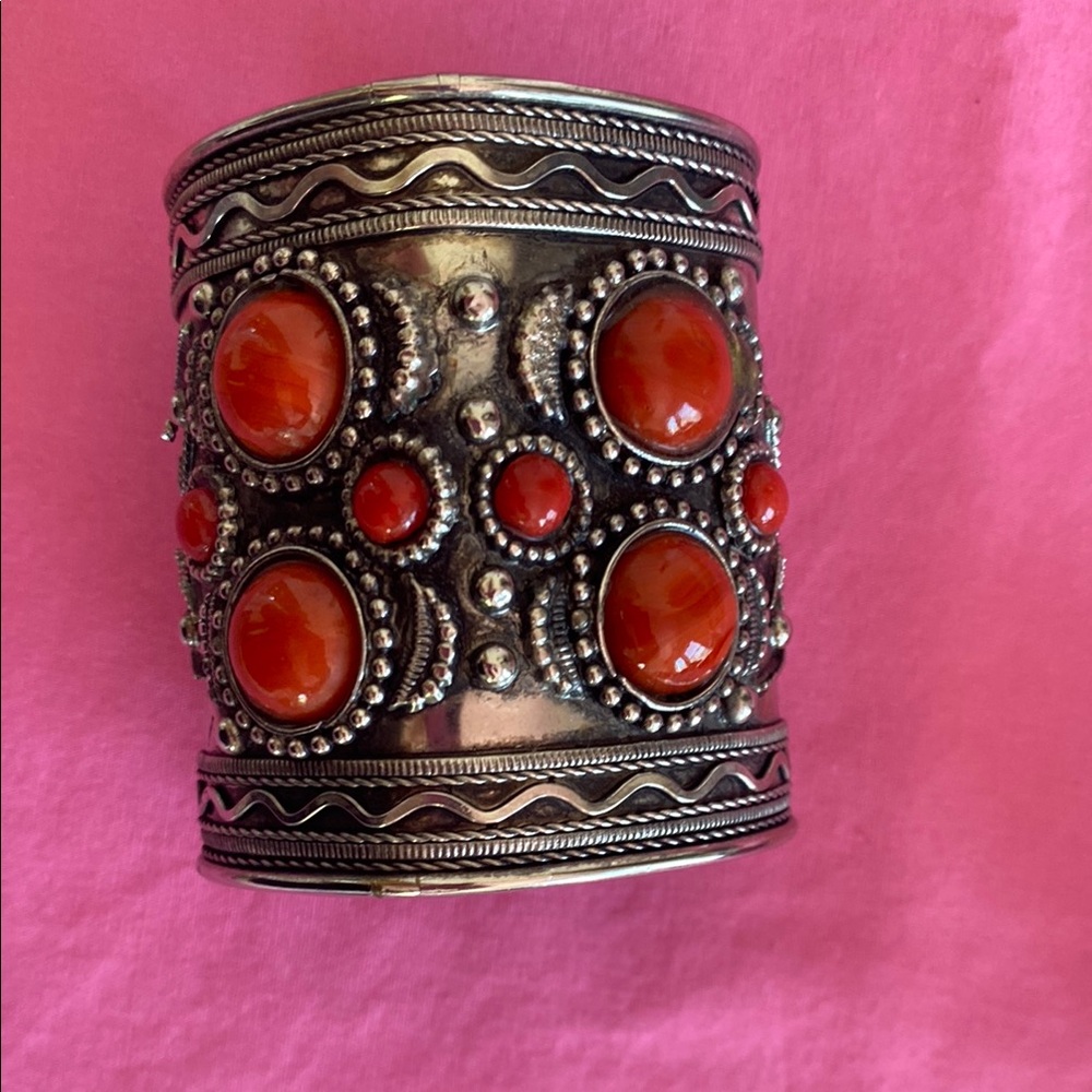 Silver and Red Ornate Vintage Cuff Bracelet Antique Boho Metal Engraving 60s 70s